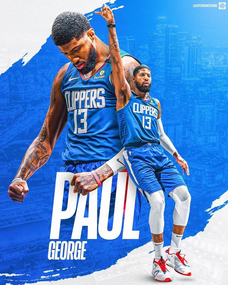 two basketball players in blue uniforms with the words paul george above them and an image of city buildings behind them