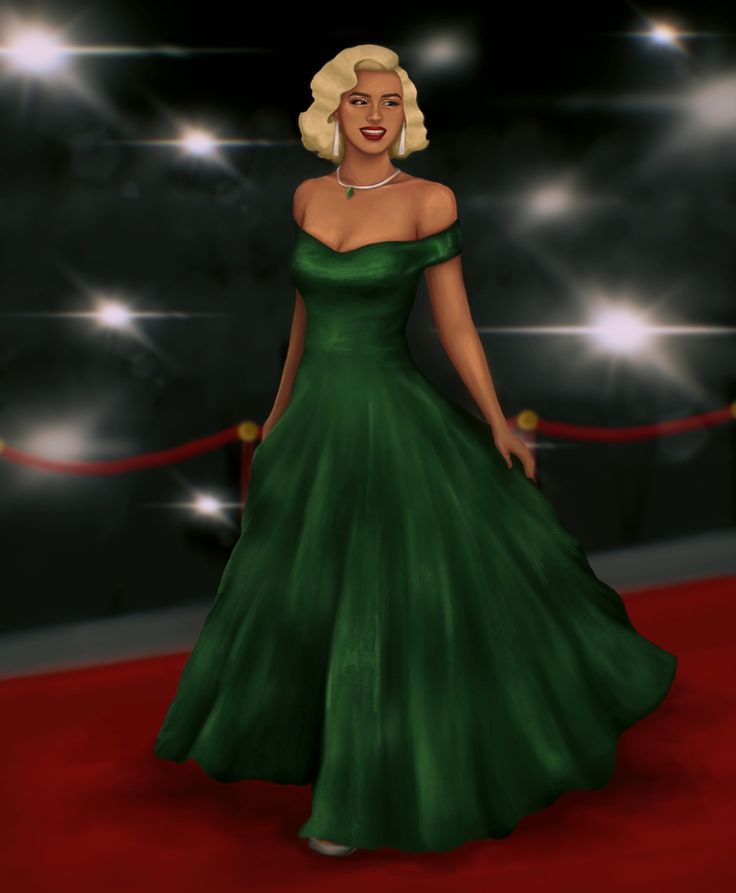 a woman in a green dress standing on a red carpet