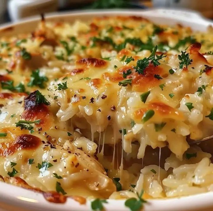 a casserole dish with chicken, cheese and parsley