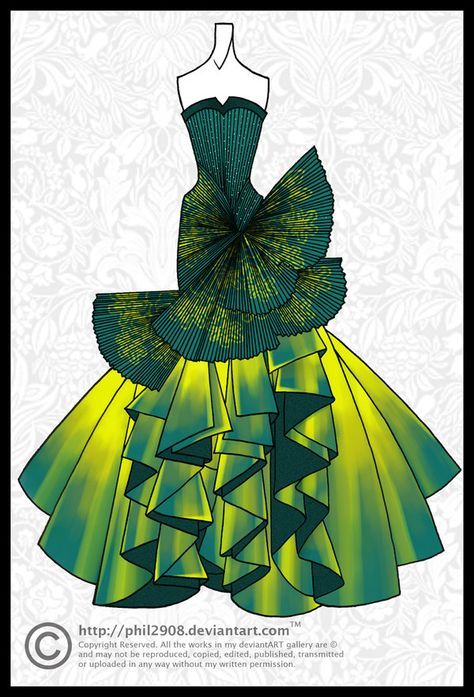 a dress designed to look like it is made out of green and yellow paper with geometric shapes