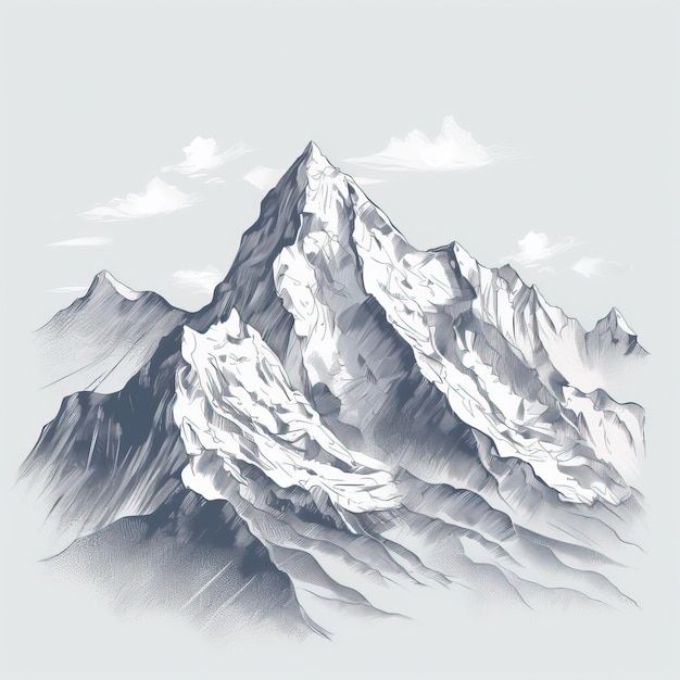 a drawing of a mountain range with clouds in the sky and snow on it's summit