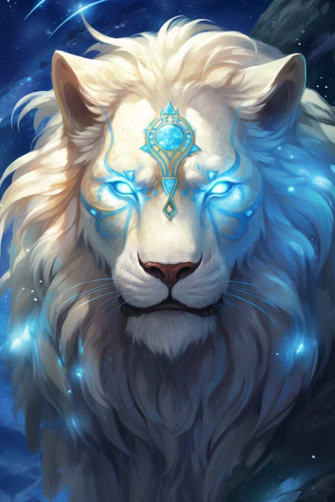 a white lion with blue eyes and an ornate cross on its forehead in front of the night sky