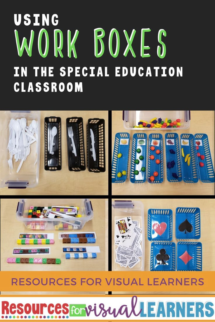 the cover of using work boxes in the special education classroom resources for visual learners