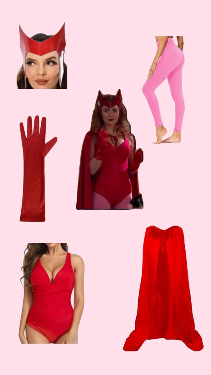 A Wanda costume with a red body suit, pink leggings, Wanda, headpiece, and red gloves Agatha And Wanda, Wanda Costume, Scarlet Witch, Scarlet, Happy Halloween, Halloween Costumes, Witch, Halloween, Disney