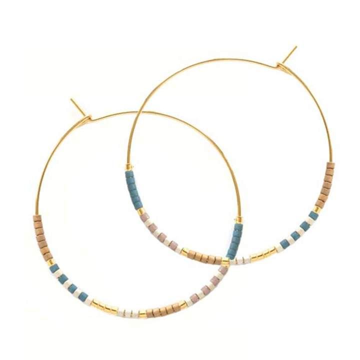 Japanese Seed Bead Hoop Earrings | Traveler Surf Club Gold Filled Hoops, Seoul South Korea, Miyuki Beads, Beaded Hoop Earrings, Beaded Hoops, Turquoise Beads, How To Make Beads, Gold Beads, Corporate Gifts