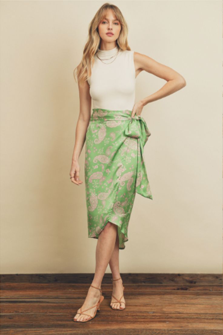 https://astridandlucie.com/products/absinthe-glass-midi-wrap-skirt Fashion Lookbook Layout, Tulip Wrap Skirt, Wrap Skirt Outfit, Satin Wrap Skirt, Lookbook Layout, Tropical Sun, Spring 23, Midi Wrap Skirt, Modest Style