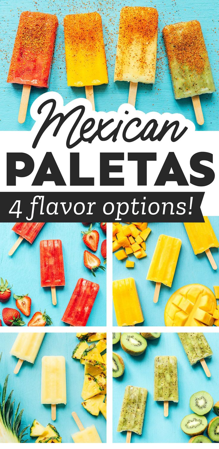 mexican paletas popsicles with fruit and vegetables on them, all in different flavors