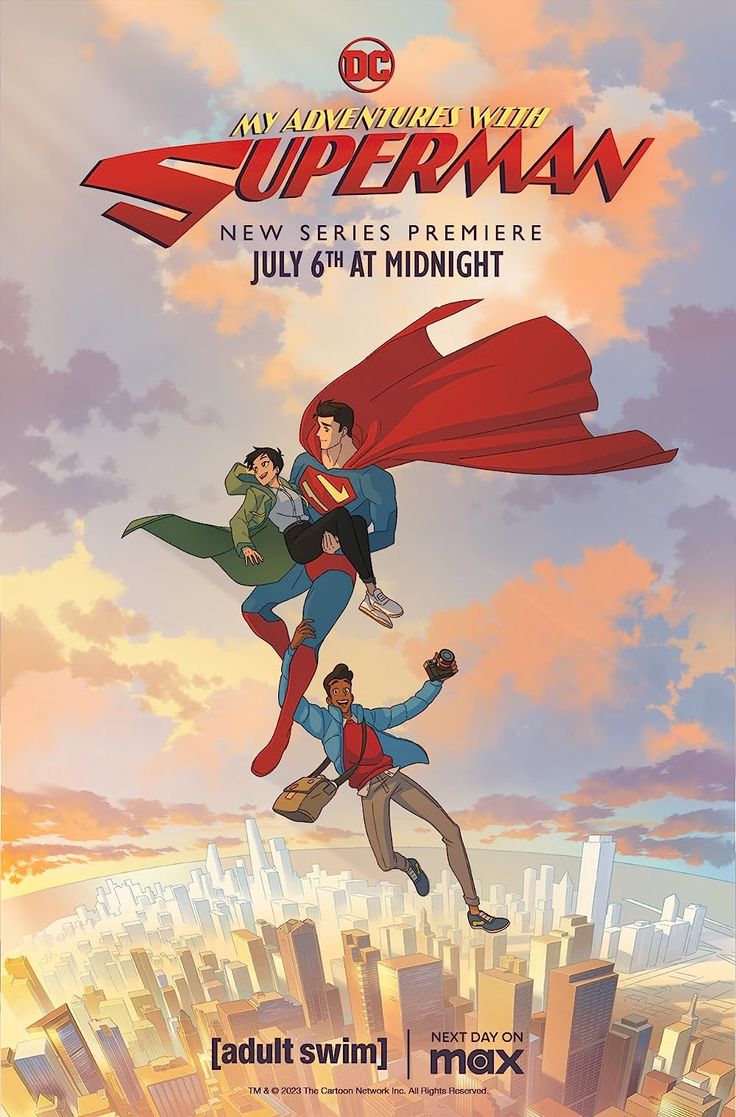 the movie poster for superman and his friends flying through the sky with their capes