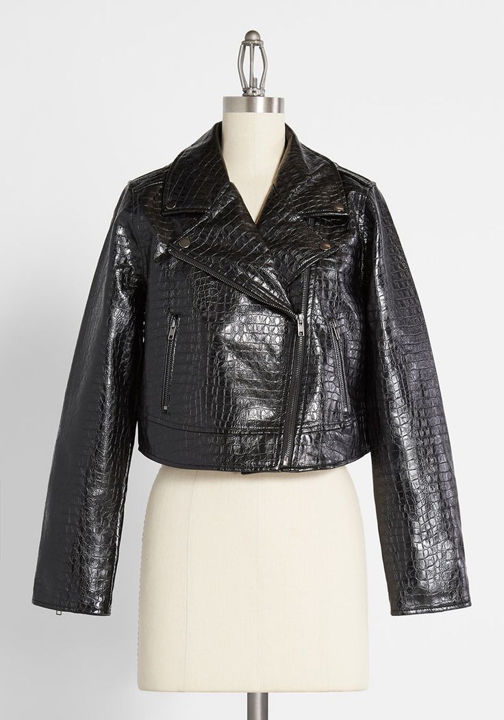 Don’t let your inner 1980s rocker slip away into obscurity. Let them shine through with this crocodile-embossed faux leather moto jacket from our ModCloth namesake label. Asymmetrical zip-front closure with zip pockets at sides for a classic motorcycle jacket silhouette. The perfect statement-making staple piece for fall, this jacket’s jet black hue elevates the look in a chic, timeless way. Crocodile Rock, Cropped Moto Jacket, Casual Dresses Plus Size, Classic Motorcycle, Tunic Hoodie, Faux Leather Moto Jacket, Midi Dress Casual, Black Zip Ups, Leather Jacket Black