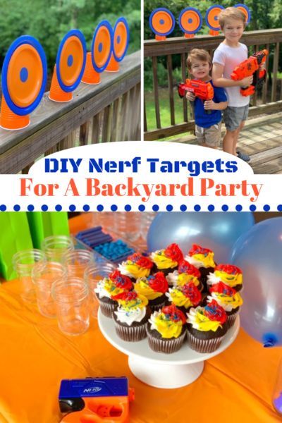 an orange table topped with cupcakes and other items next to a party banner