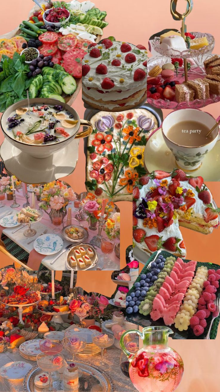 a collage of different desserts and pastries with flowers on the table top