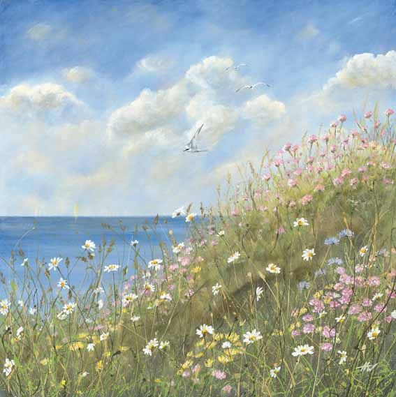 an oil painting of flowers by the ocean with a bird flying in the sky above