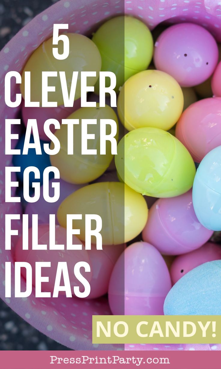 a pink bowl filled with easter eggs and the words 5 clever easter egg filler ideas