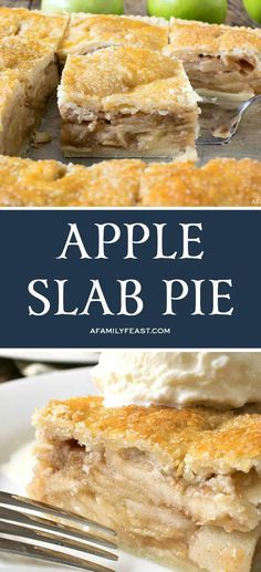 an apple slab pie on a white plate with a fork next to it and the title overlay reads, apple slab pie