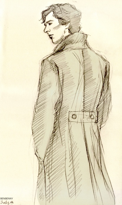 a drawing of a man in a trench coat looking down at his left shoulder and right hand on his hip