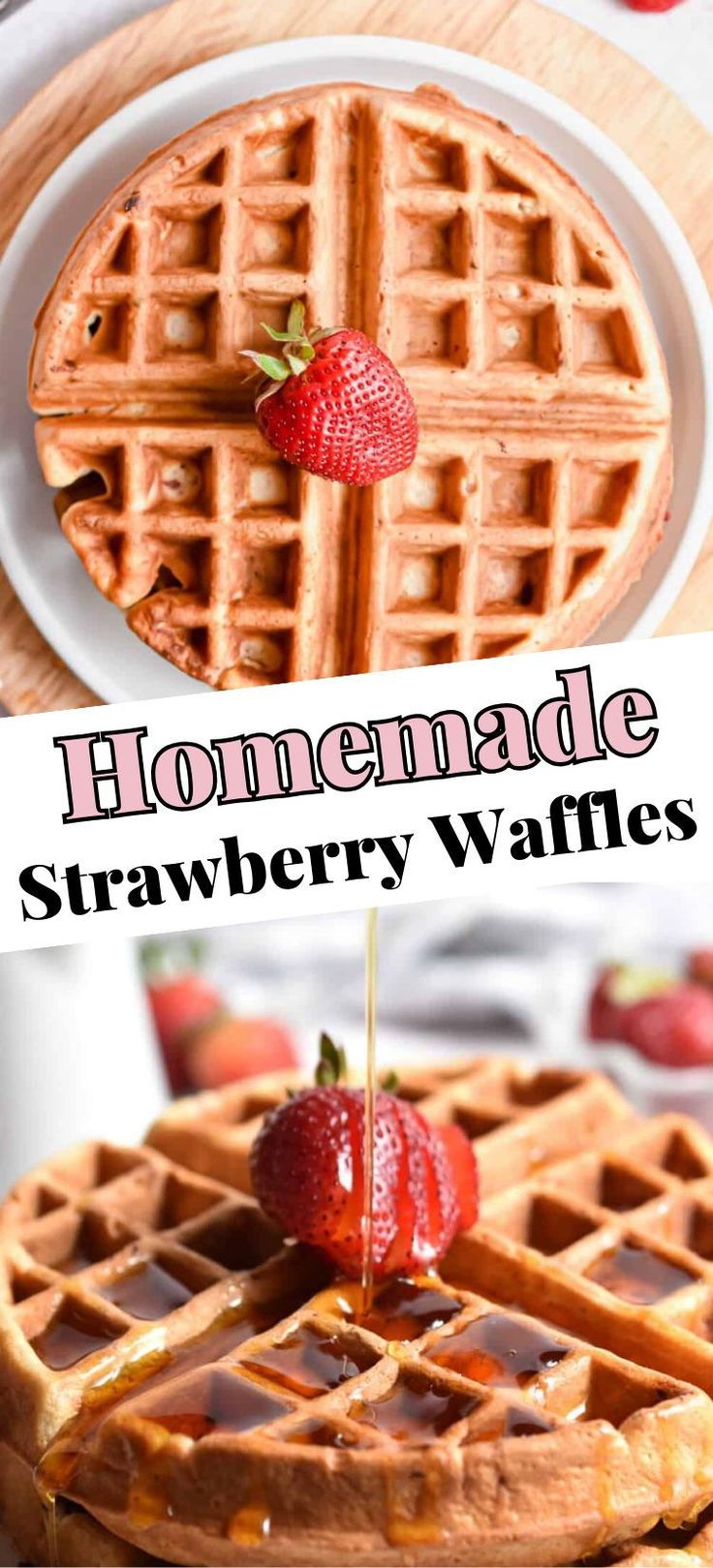 homemade strawberry waffles on a plate with syrup drizzled over them