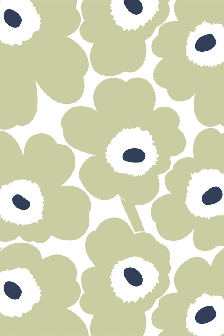 a white and green flower pattern with black dots on the center, in front of an off - white background