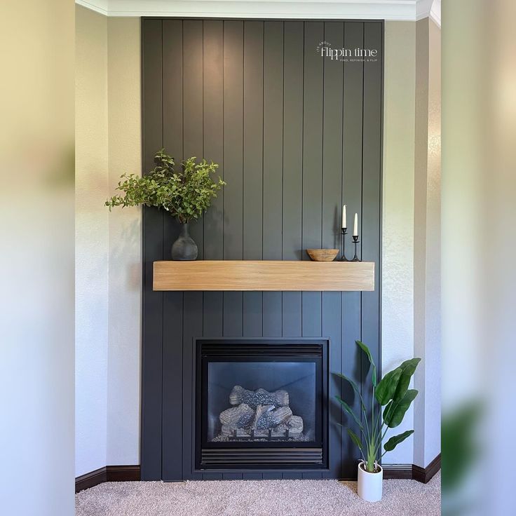 a fireplace with a potted plant on top of it next to a wall mounted fire place