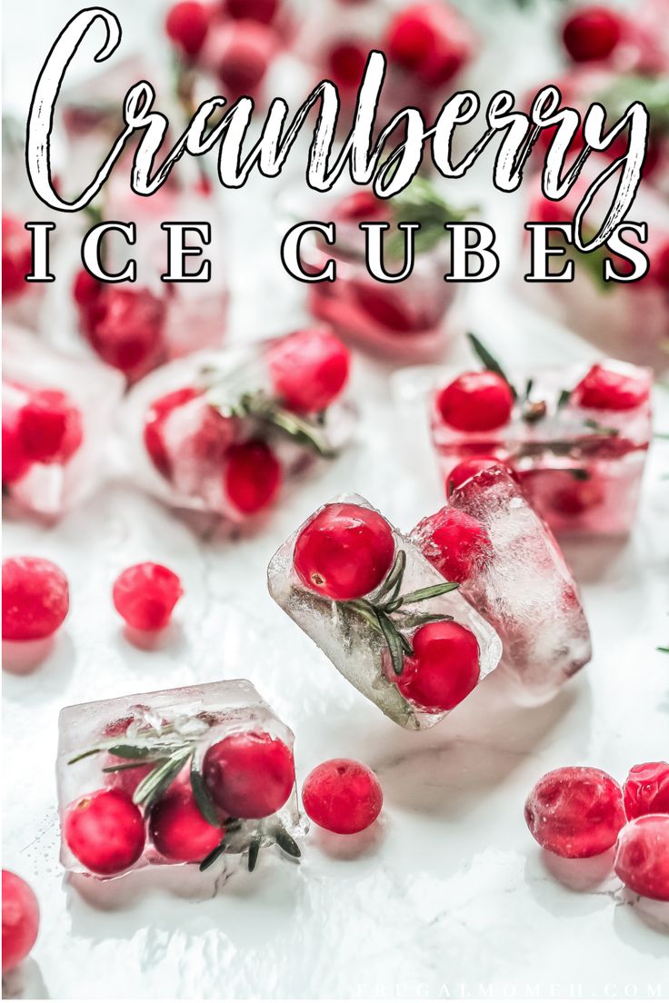 cranberry ice cubes with cherries on top and text overlay that says cranberry ice cubes