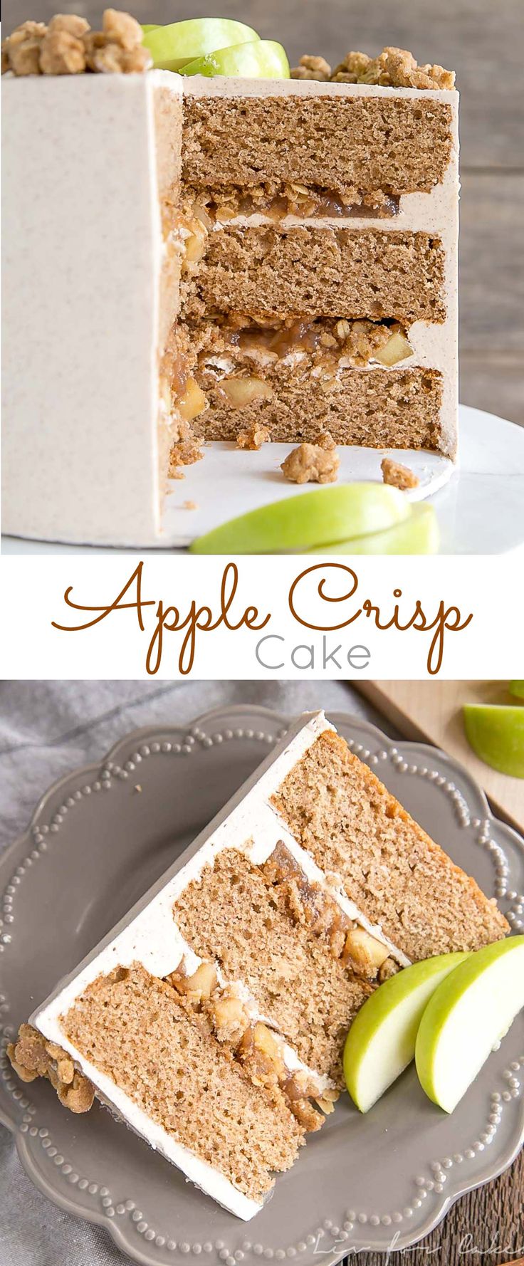 an apple crispy cake is cut into slices and served on a plate with apples