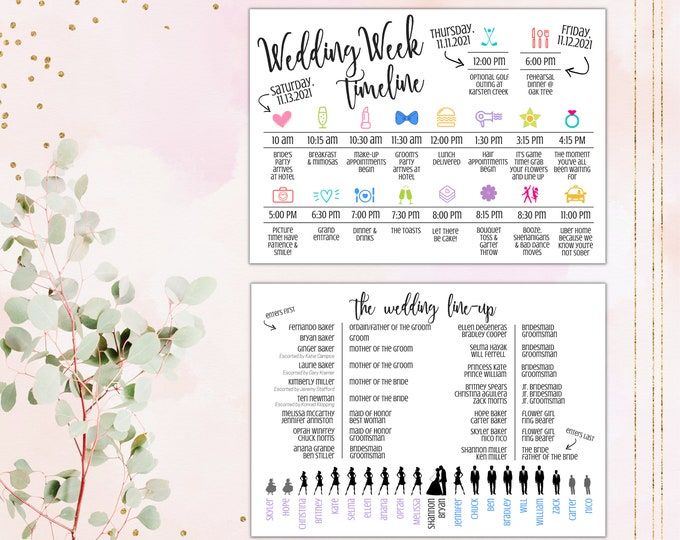 wedding seating chart with bride and groom silhouettes on the side, in front of a pink background