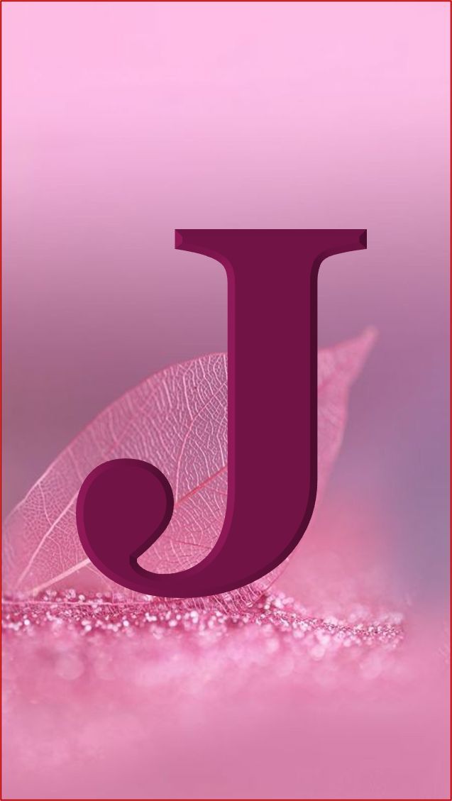 the letter j is placed next to a pink background with a purple leaf on it