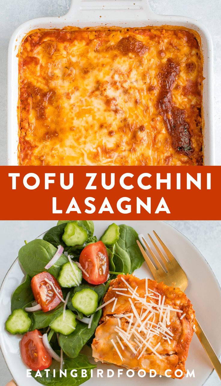 a white plate topped with lasagna next to a salad and a serving dish