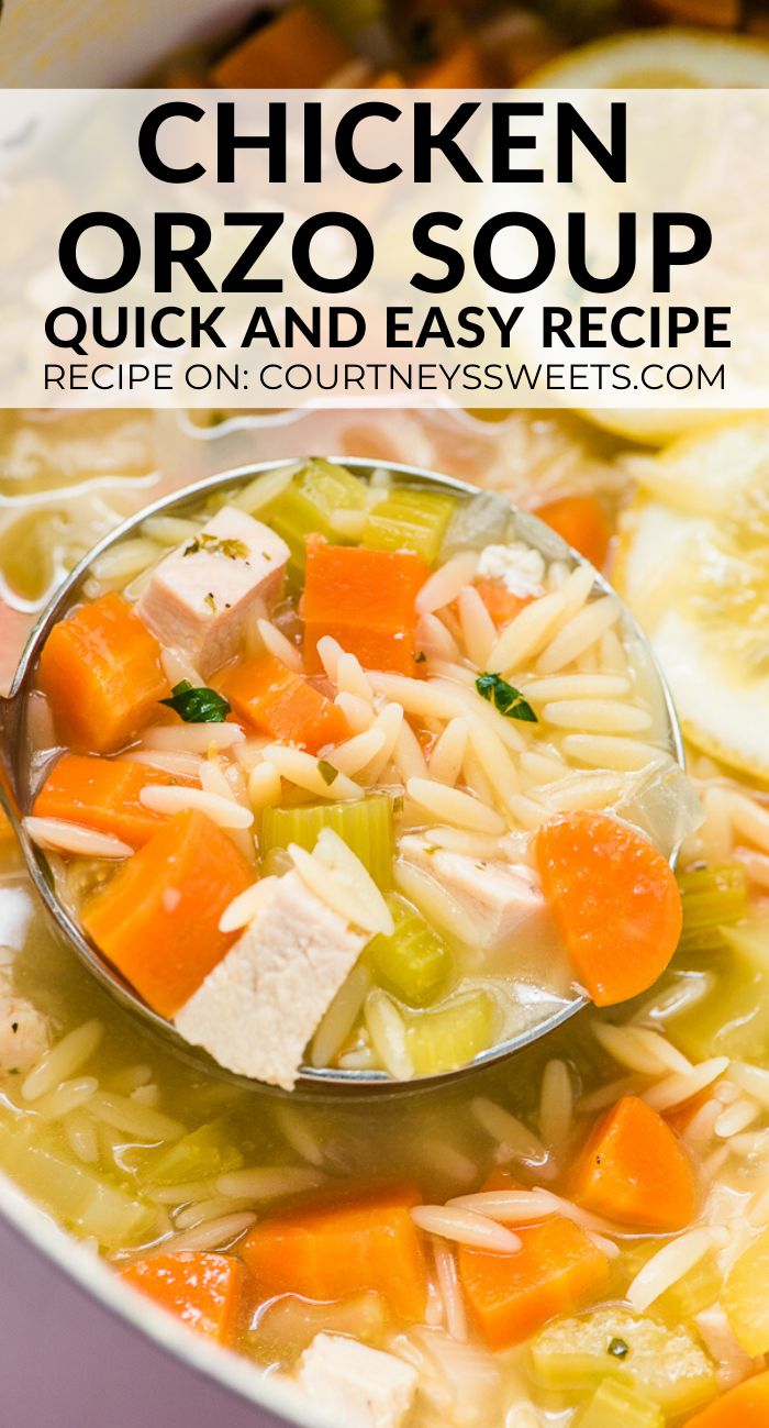 chicken orzo soup with noodles and vegetables in a white bowl