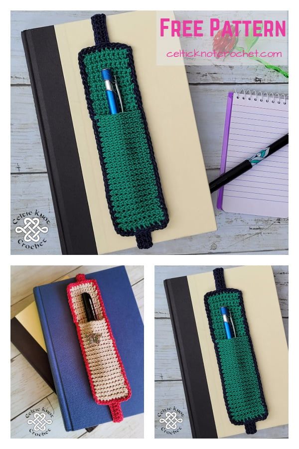 crochet bookmark with pen and pencil in it