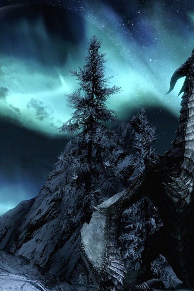 a dragon is standing in the snow near some trees and an aurora borel behind it