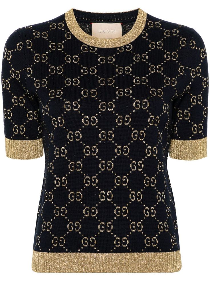 navy blue/gold-tone cotton blend knitted construction signature GG Supreme print lurex detailing ribbed trim crew neck short sleeves straight hem Lurex Top, Gucci T Shirt, Tweed Top, Gucci Outfits, Embroidered Wool, Wardrobe Edit, Latest T Shirt, Knitted Tops, Silk Twill