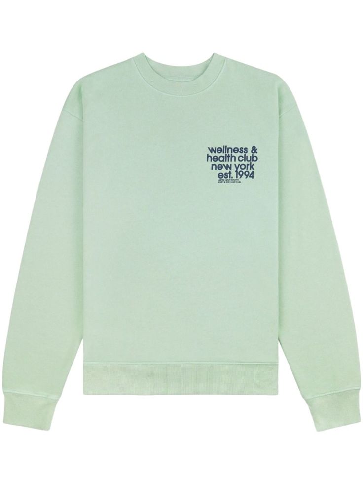 mint green/navy blue cotton jersey texture slogan print logo print at the chest crew neck long sleeves ribbed cuffs and hem pull-on style When buying this unisex item, keep in mind that it is graded in standard men's sizing. Sporty Crew Neck Sweater With Logo Print, Long Sleeve Logo Print Sweatshirt For Loungewear, Relaxed Fit Sweatshirt With Embroidered Logo Crew Neck, Cotton Crew Sweats For Spring, Spring Cotton Crew Sweats, Crew Neck Sweatshirt With Text Print For Spring, Crew Neck Sweats With Letter Print For Spring, Spring Crew Neck Sweatshirt With Text Print, Cotton Athleisure Sweatshirt With Text Print