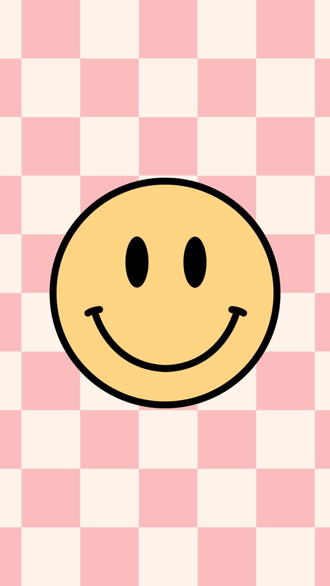 a yellow smiley face on a pink and white checkered background