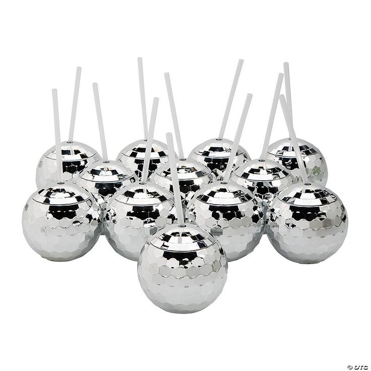 six silver balls with sticks sticking out of them