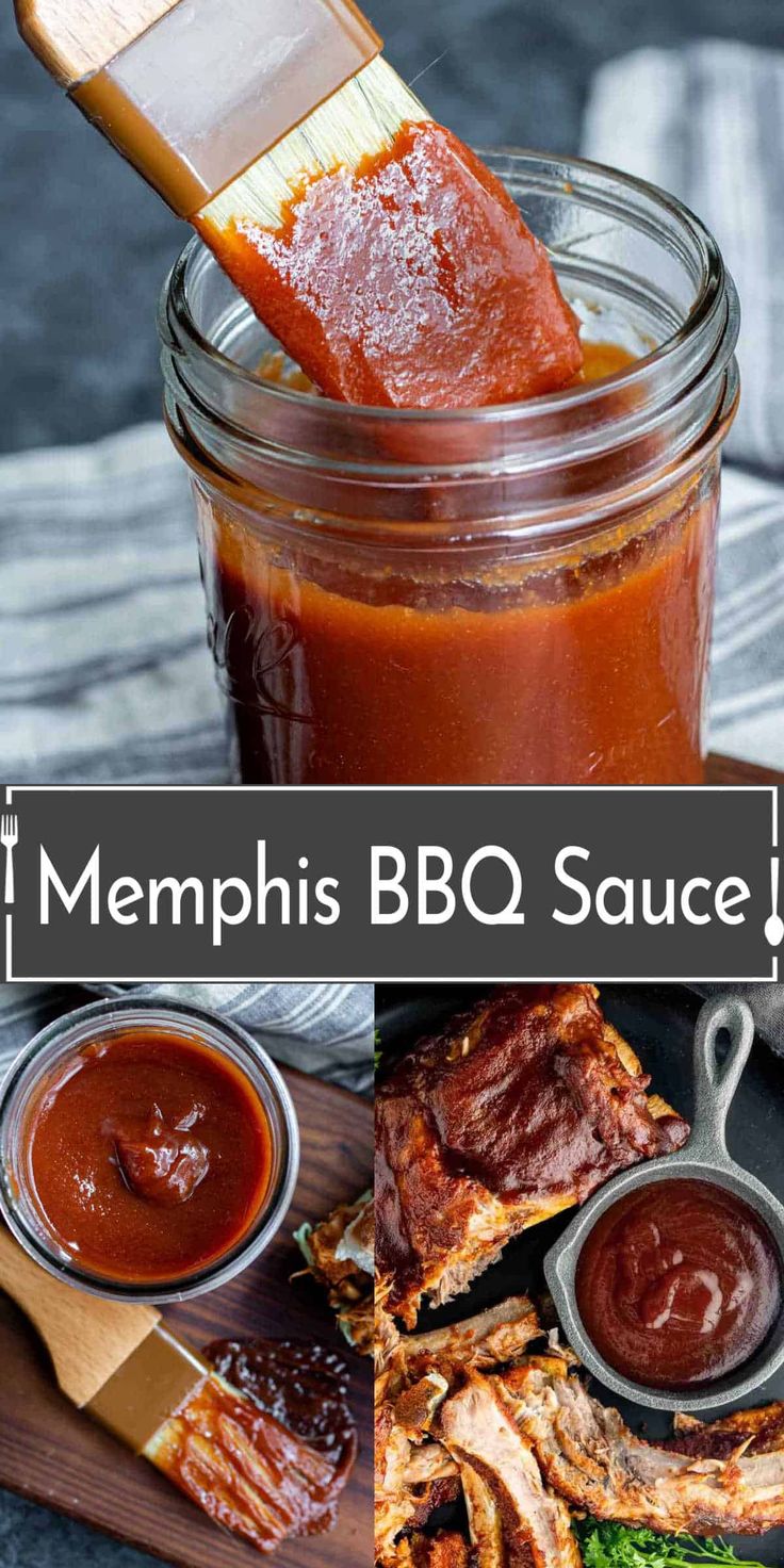 bbq sauce in a mason jar with ribs and broccoli on the side