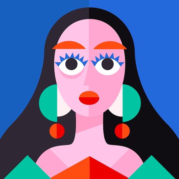 a woman's face with blue and red shapes on her body, in front of a blue background