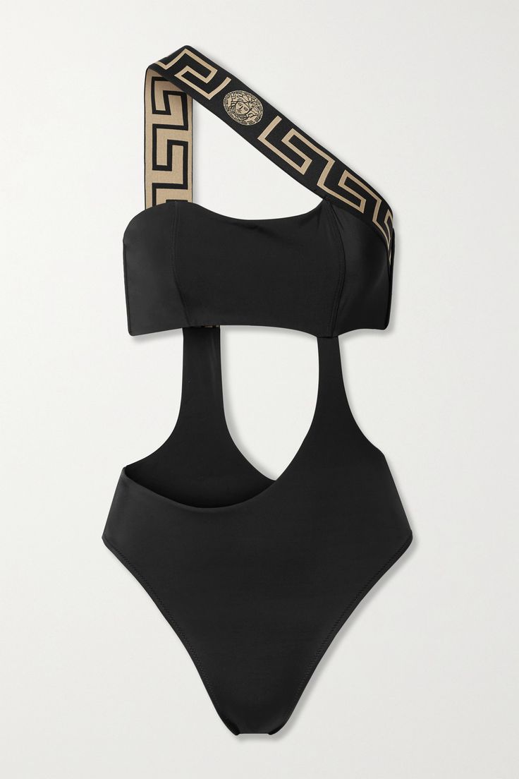 The strategically placed cutouts and asymmetric shoulder strap give Versace's swimsuit an equally chic and sporty feel. It's been made in Italy from smoothing stretch fabric and cut high on the sides to elongate your legs. Match your jewelry to the gold 'Greca' motif. Vintage Versace Aesthetic, Versace Inspired Outfit, Versace Outfit Women, Versace Swimsuit, Luxury Swimsuits, Cutout Swimsuit, Ibiza Outfits, Fashion Design Inspiration, Swimsuits Outfits