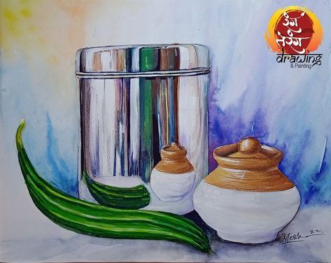 a painting of two pots and a green pea on a blue background with the words happy eid written in arabic