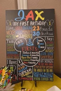 a mickey mouse chalkboard with the names of his birthdays