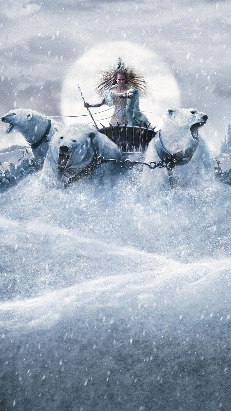 a woman riding on the back of a white polar bear across snow covered ground in front of a full moon