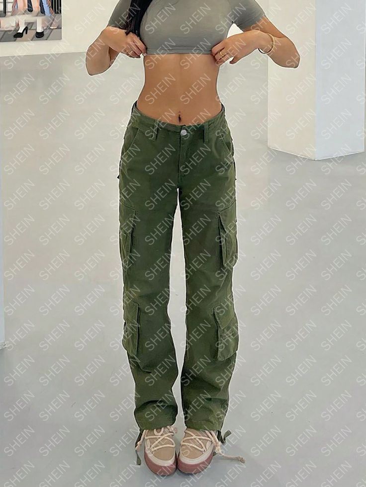 Army Green Casual Collar  Fabric Letter,All Over Print Cargo Pants Embellished Slight Stretch  Women Clothing Pants Embellished, Fabric Letters, Cargo Trousers, Flap Pocket, Army Green, Cargo Pants, Pants For Women, Trousers, High Waisted