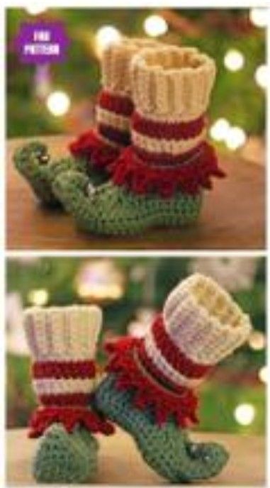 crocheted booties with red, white and green stripes are shown in two different views