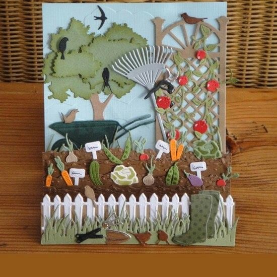 a card with an image of a garden scene