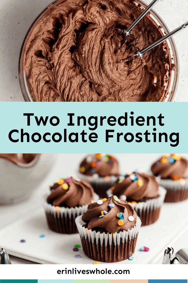 chocolate frosted cupcakes with sprinkles on top and the words, two ingredient chocolate frosting