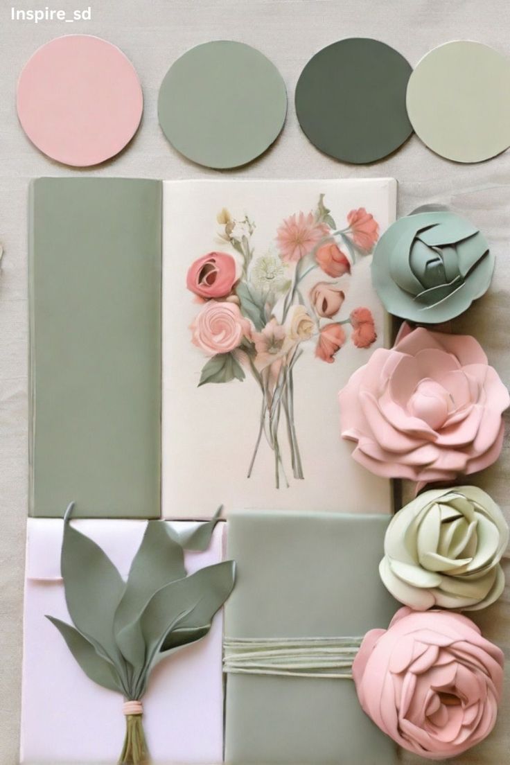 the flowers are arranged in shades of pink, green and grey