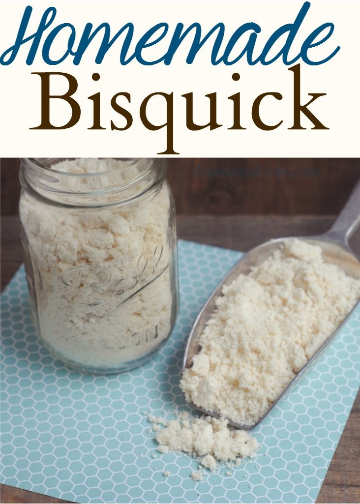 homemade bisquick in a jar and spoon on a blue towel with the title