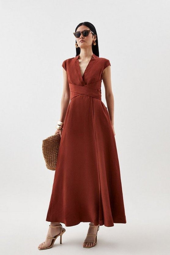 Premium Linen V Neck Wrap Detail Woven Midi Dress | Karen Millen Petite Wedding Guest Dresses, Sequin Coats, Figure Dress, Spring Wedding Guest Dress, Evening Dresses Cocktail, Courthouse Wedding, Fall Outfits For Work, Bandeau Dress, Dress Orange