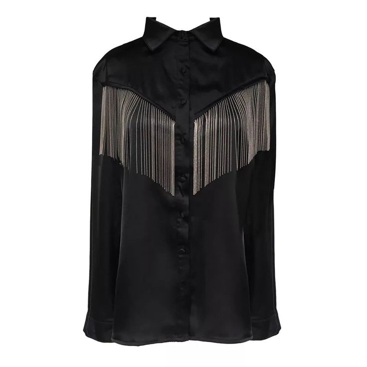 GOLDxTEAL black satin shirt accented with silver metal fringe. Trendy Fringe Tops For Night Out, Fall Party Tops With Fringe Details, Elegant Spring Top With Rhinestone Fringe, Fall Party Tops With Fringe, Fringe Tops For Fall Party, Chic Long Sleeve Tops With Fringe, Chic Long Sleeve Fringe Tops, Evening Fringe Tops For Fall, Chic Spring Top With Rhinestone Fringe