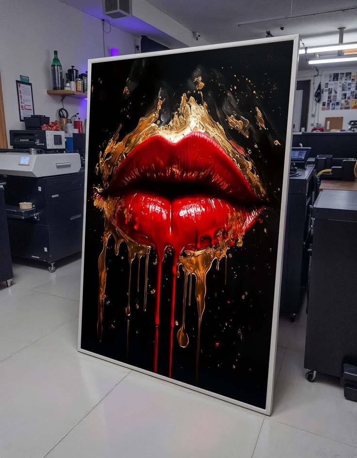 a large painting of a red lips with gold dripping on it's side in an office cubicle