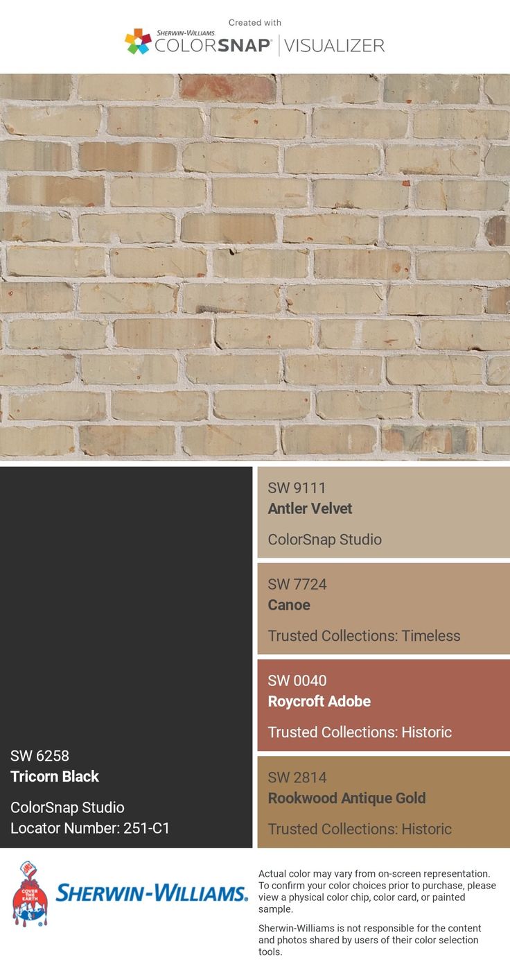 a brick wall with different colors and names on it, including brown, black, tan,